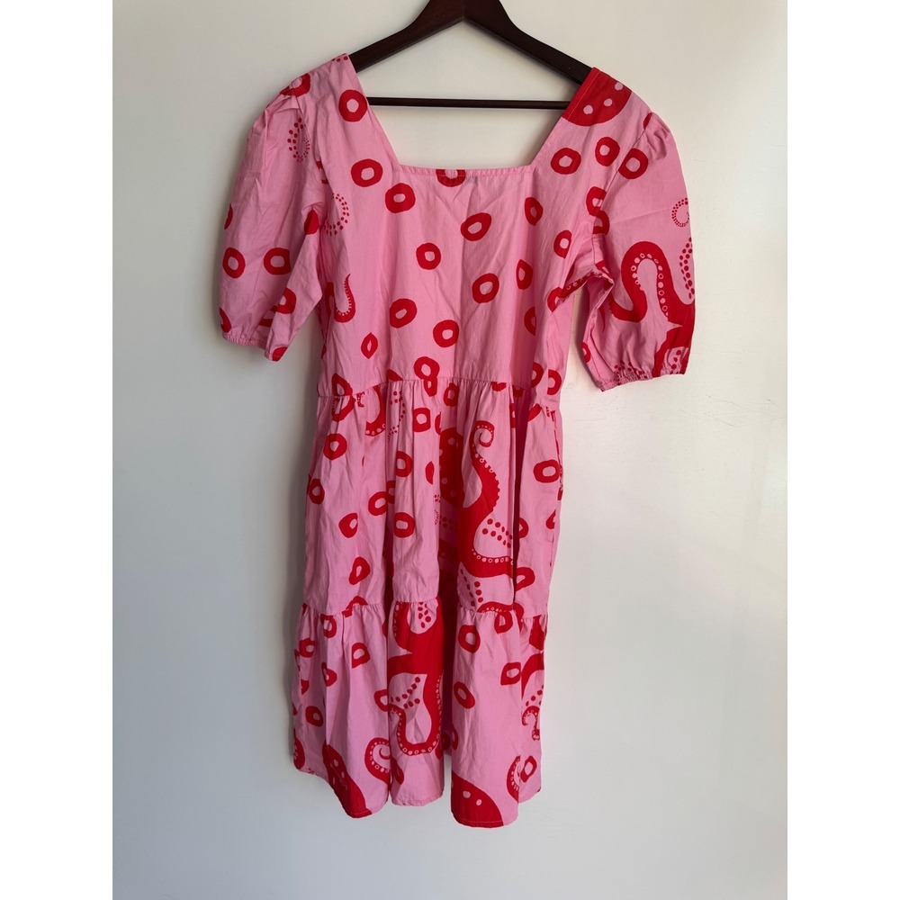 Maude Vivante Pink Red Octopus Molly Cotton Tiered Mini Dress XL‎ Fit Flare Puff - Picture 6 of 10